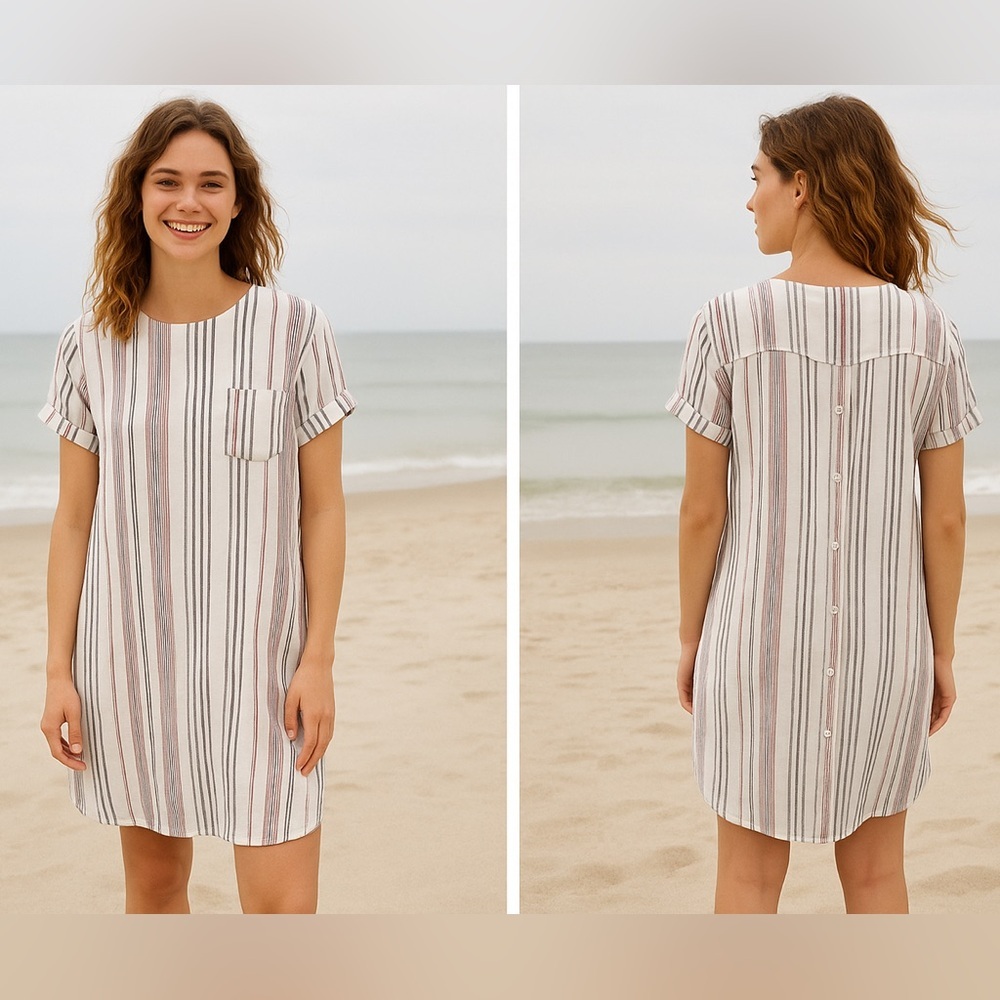 Cloth & Stone striped linen blend short sleeve casual button back dress